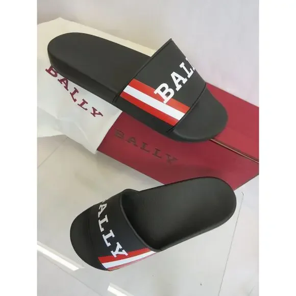 NIB BALLY SIMON BLACK RUBBER RED WHITE WEB LOGO SANDALS POOL SLIDES 10 D ITALY